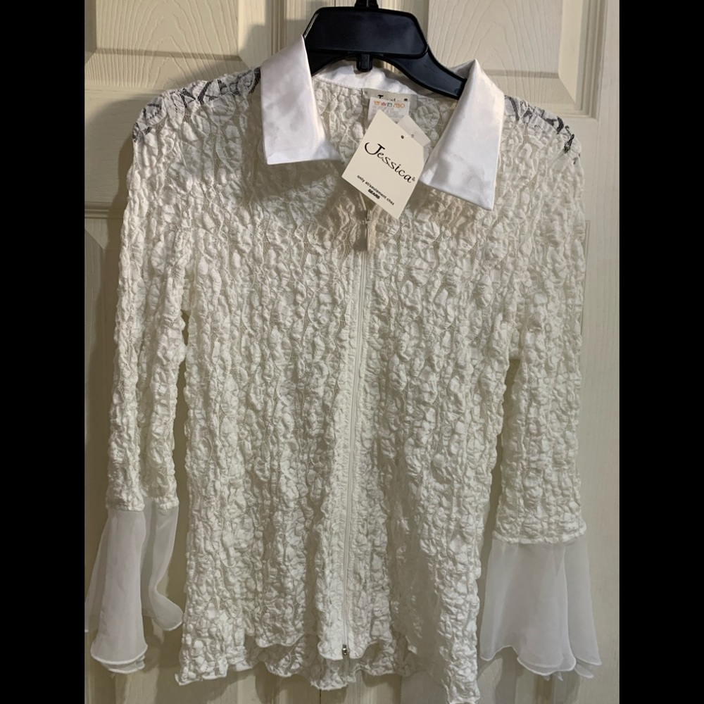 Jessica White Lace Zippered Jacket Top in Size medium